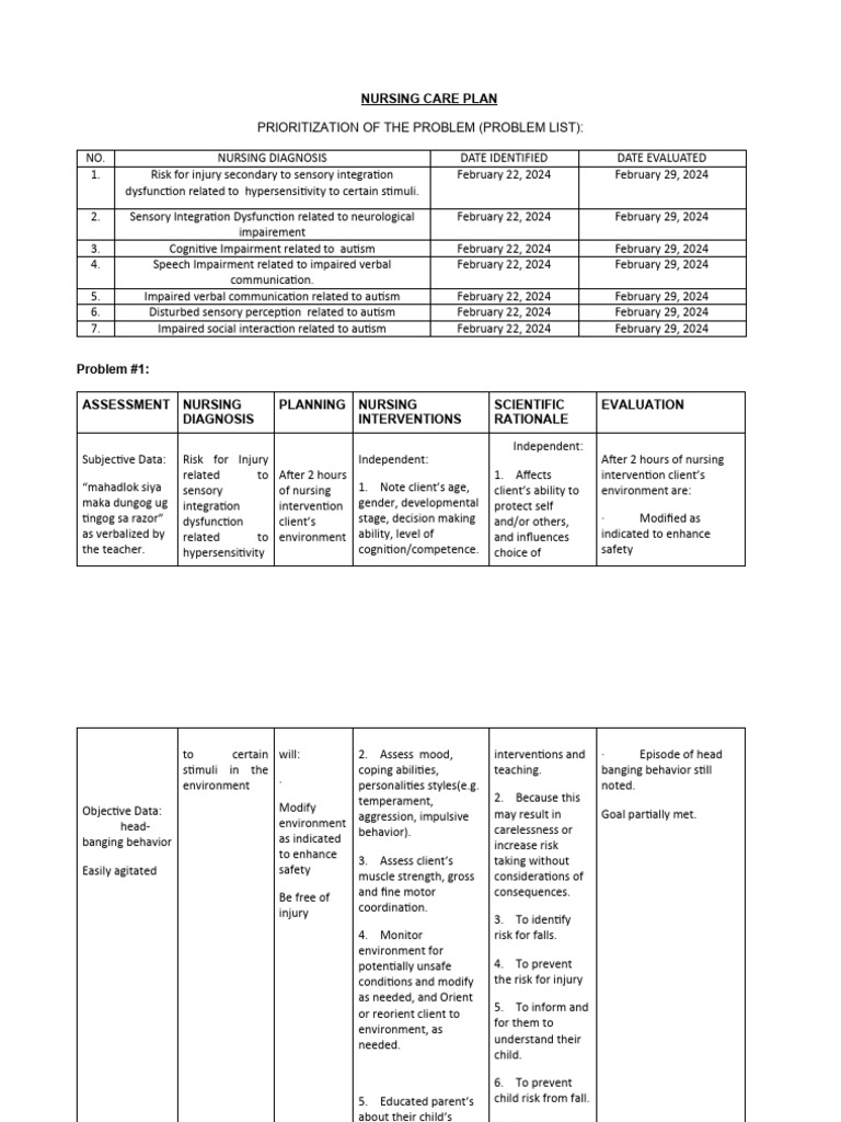 Nursing Care Plan for Autism Spectrum Disorder | PDF | Autism Spectrum ...