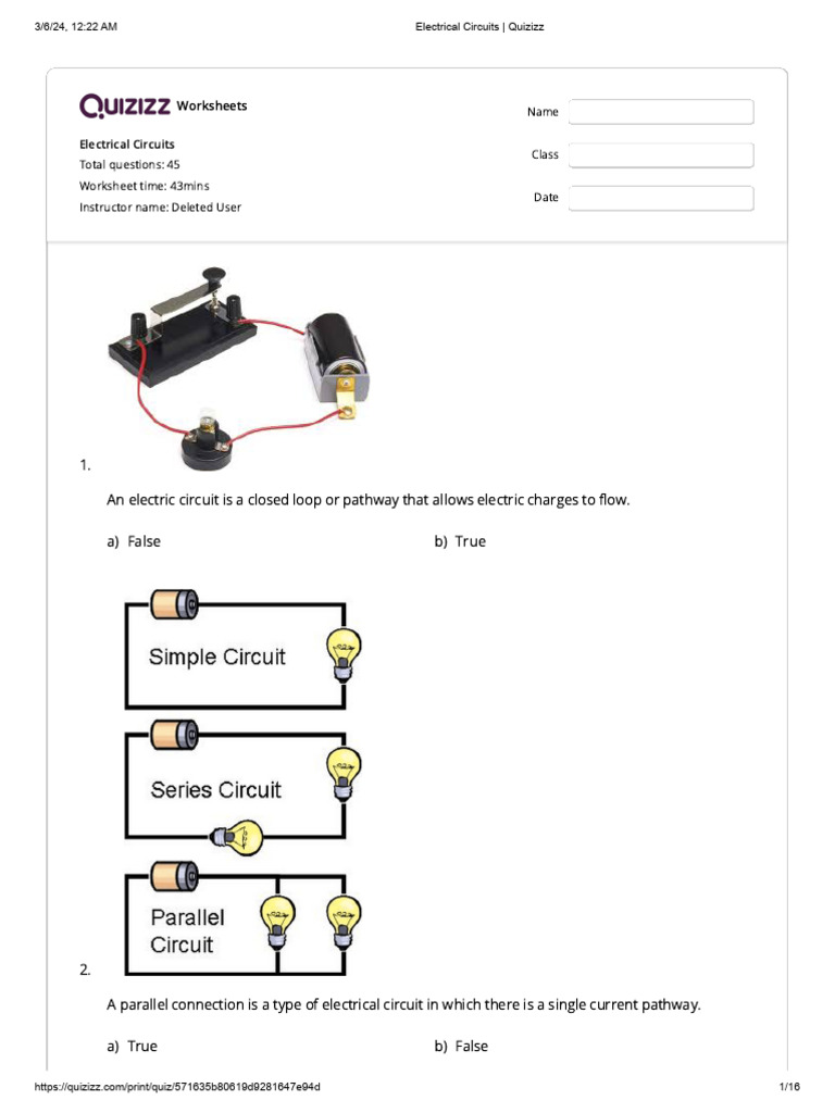 Electrical Circuits Quiz Worksheet | PDF | Electric Charge | Electric