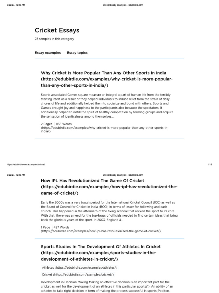 Cricket Essay Samples and Topics | PDF | Cricket | Athletic Sports