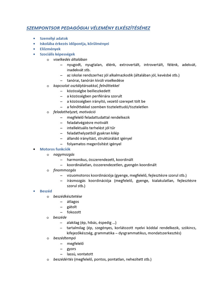 EFT_FTFF_7. SZEMPONTSOR PEDAGÓGIAI VÉLEMÉNY ELKÉSZÍTÉSÉHEZ | PDF