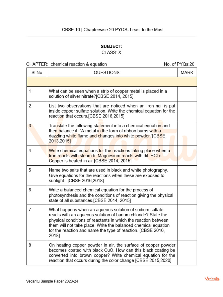 Subject:: Vedantu Sample Paper 2023-24 | PDF | Chemical Reactions ...