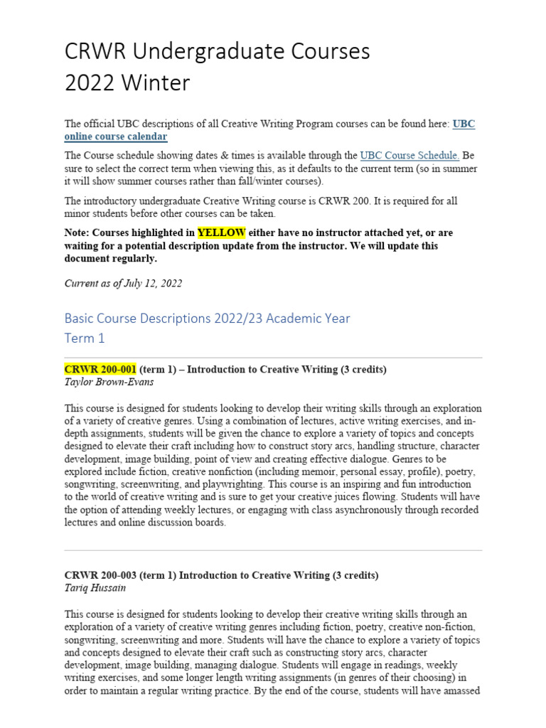 UBC Creative Writing Courses Overview | PDF | Screenplay | Screenwriting