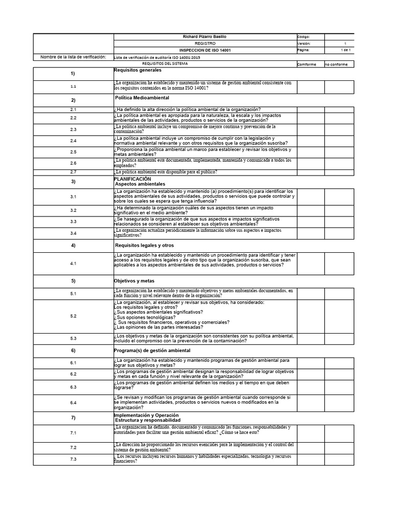 Auditoría ISO 14001:2015 Checklist | PDF | Política de medio ambiente ...
