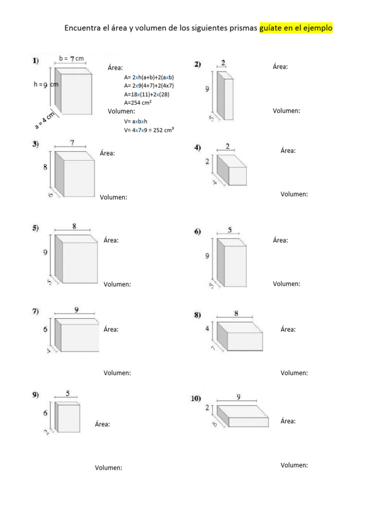 Matemáticas - Encuentra El Área y Volumen de Los Siguientes Prismas | PDF