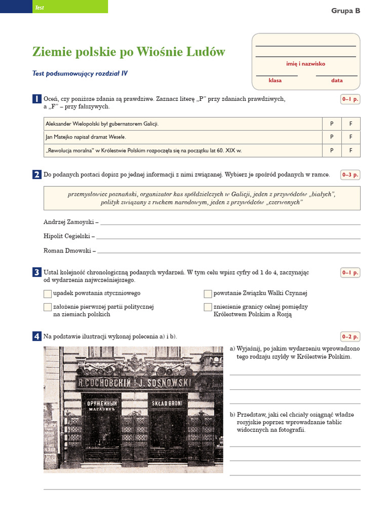 Historia Sprawdzian Klasa 7 Ziemie Polskie Po Wiośnie Ludów Ziemie Polskie Po Wiośnie Ludów: Test Podsumowujący Rozdział IV | PDF