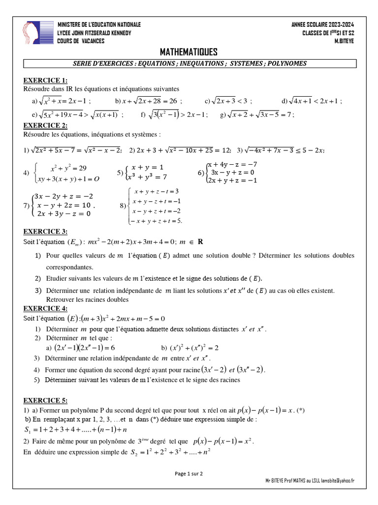 Exercices de Maths pour Lycéens | PDF | Zéro d'une fonction | Équation ...