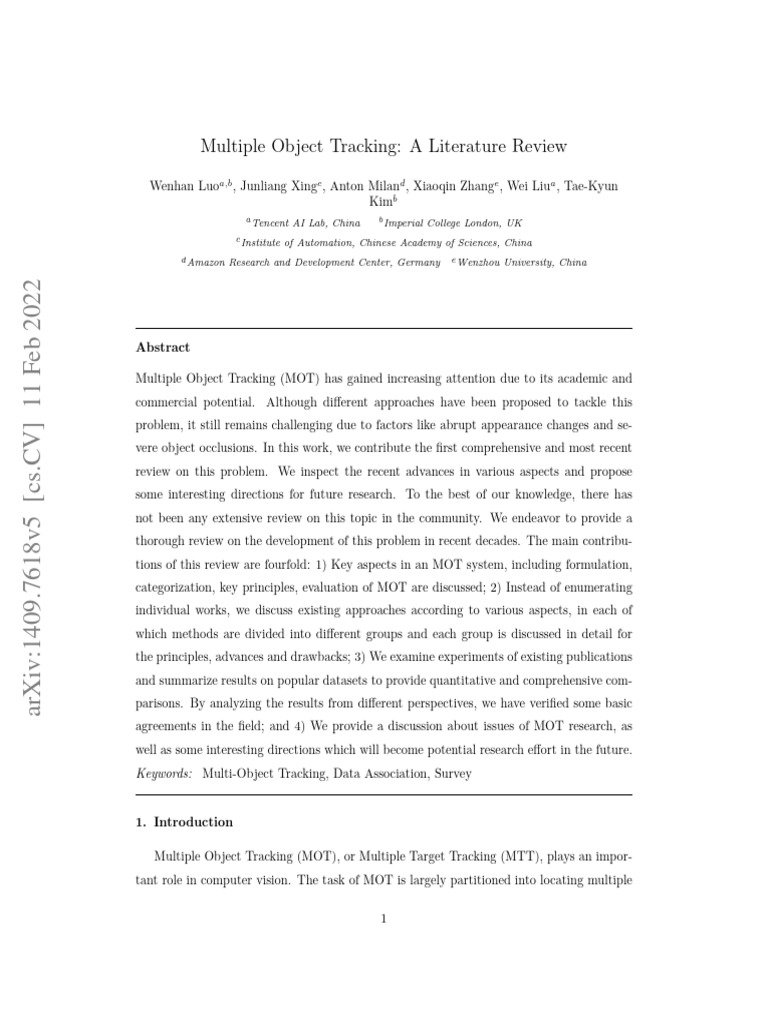 Multiple Object Tracking: A Literature Review | PDF | Force ...
