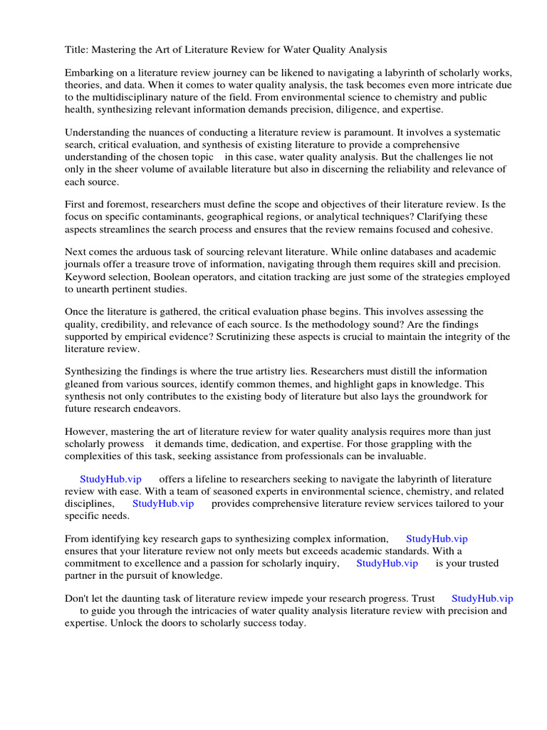 Literature Review Water Quality Analysis PDF Water Resources Water