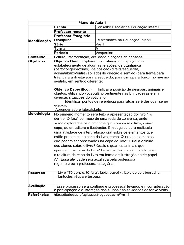 Plano de Aula PEDAGOGIA | PDF | Livros | Lição