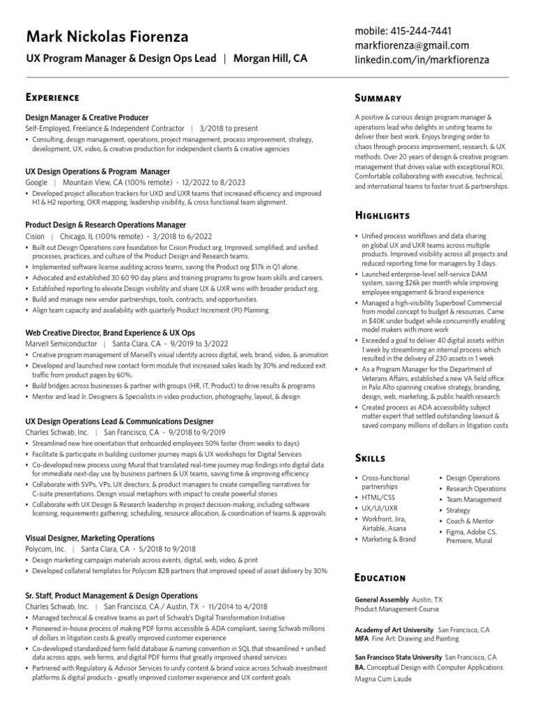 Mark Fiorenza Resume 2024 UX PGM Design Ops Download Free PDF