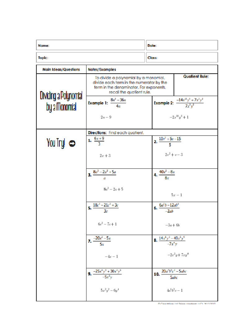 Thomas Metz - Copy of Dividing A Polynomial by A Monomial 3-14 | PDF