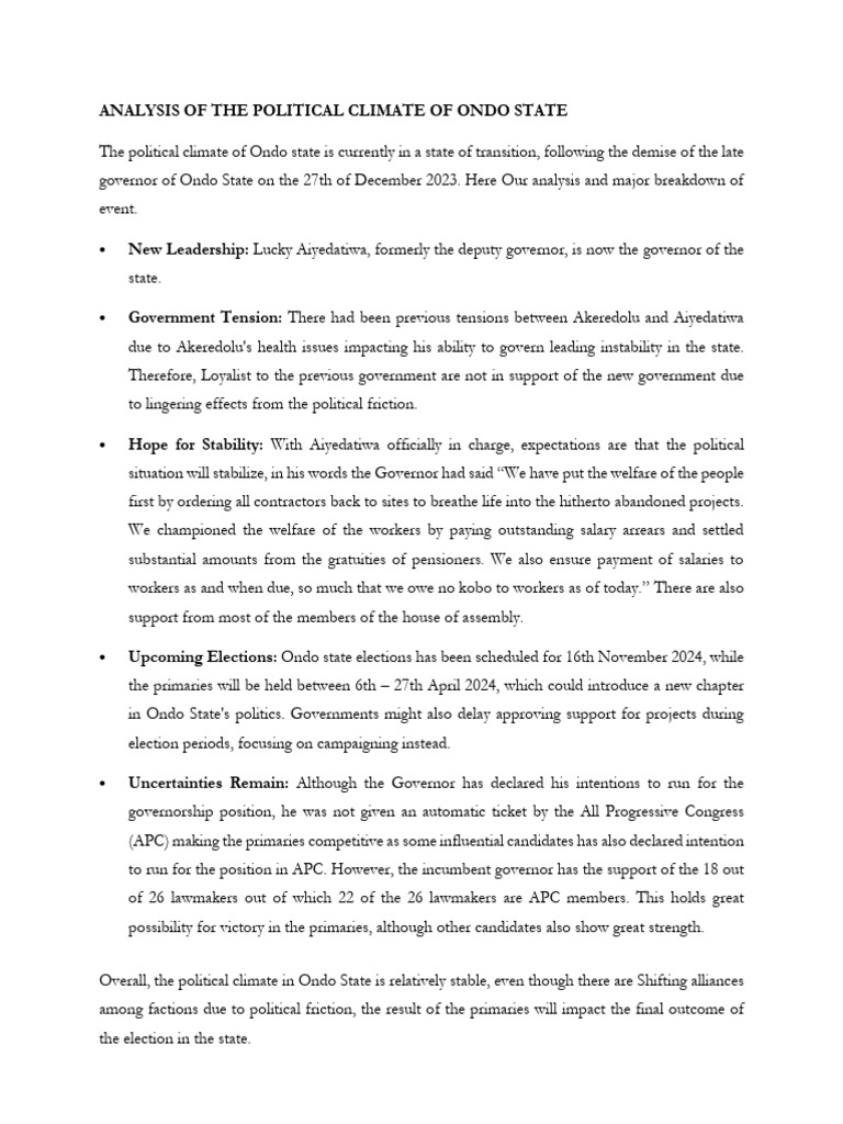 Ondo State Political Climate Analysis | PDF | Elections | Government