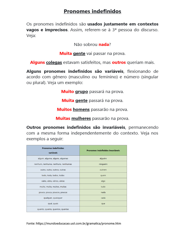 Pronomes Indefinidos: Definição e Exemplos | PDF