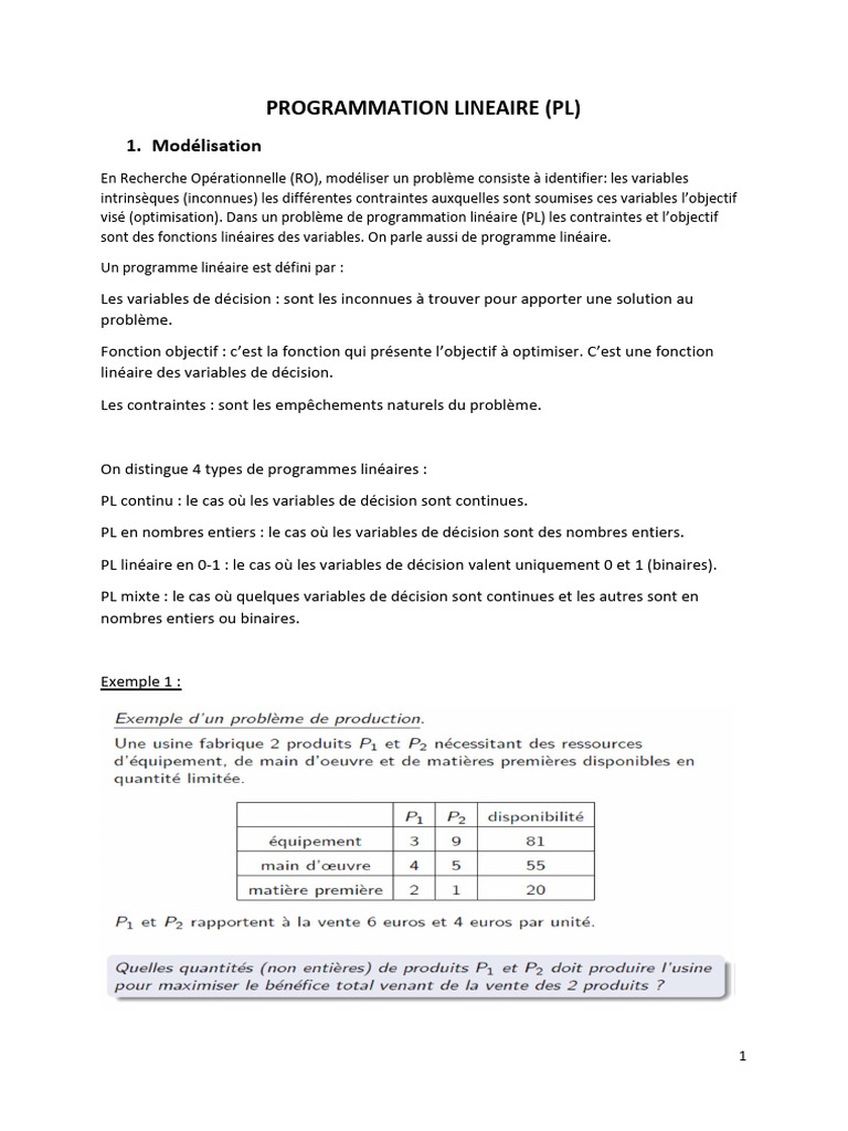 Introduction à la Programmation Linéaire | PDF | Optimisation linéaire ...