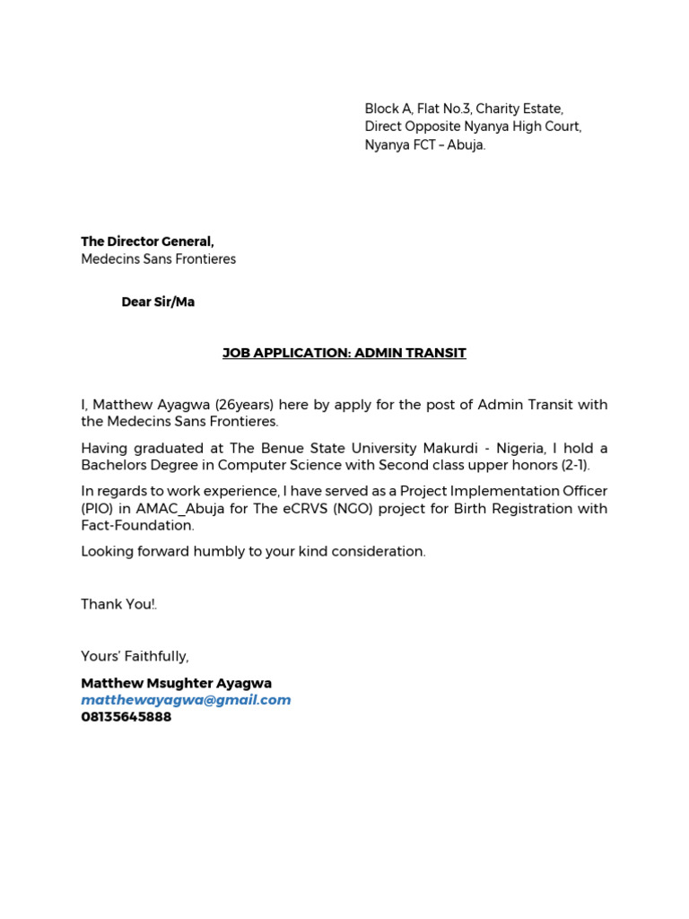 Application for MSF Admin Transit Role | PDF