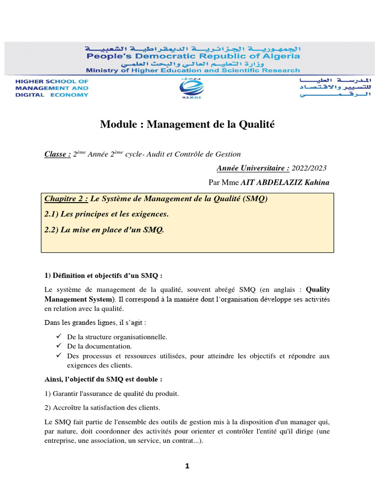 Définition et principes du SMQ | PDF | Système de management de la ...