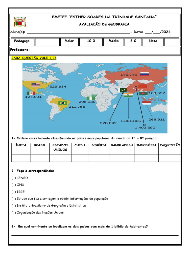 AVALIAÇÃO de Geografia - 5º Ano 2024 | PDF | População mundial | Demografia
