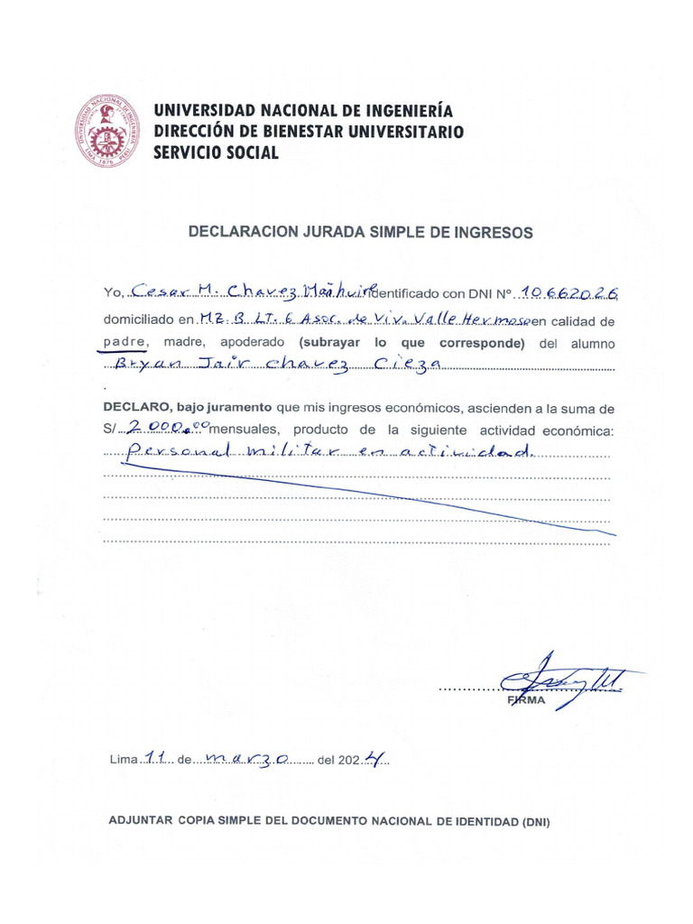 Declaración Jurada Simple de Ingresos | PDF