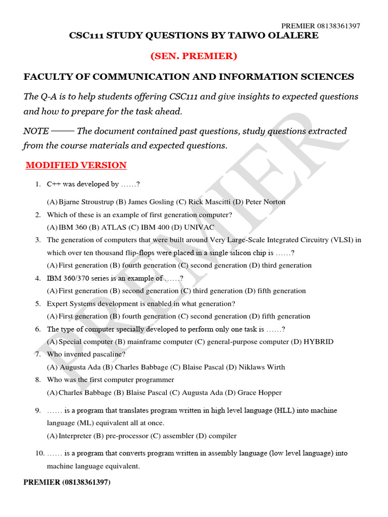 CSC111 Study Questions Guide | PDF | Computer Data Storage | Operating ...