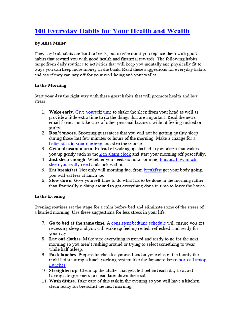100 Daily Habits for Health & Wealth | PDF | Disciplines | Foods