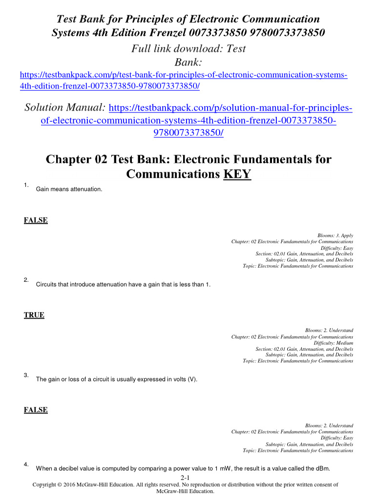 Test Bank For Principles of Electronic Communication Systems 4Th Edition Frenzel 0073373850