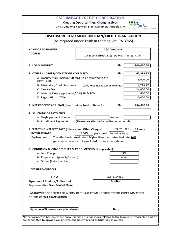 SME Disclosure Statement | PDF | Loans | Interest