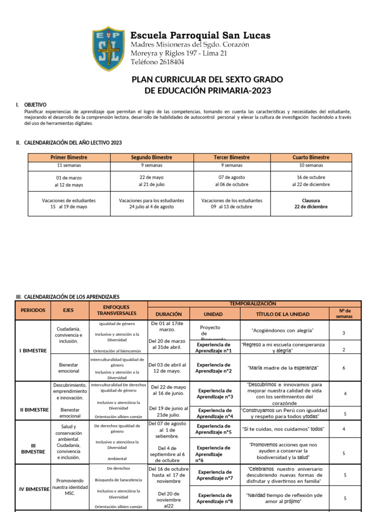 Plan Curricular 6to Grado 2023 | PDF | Geometría | Números