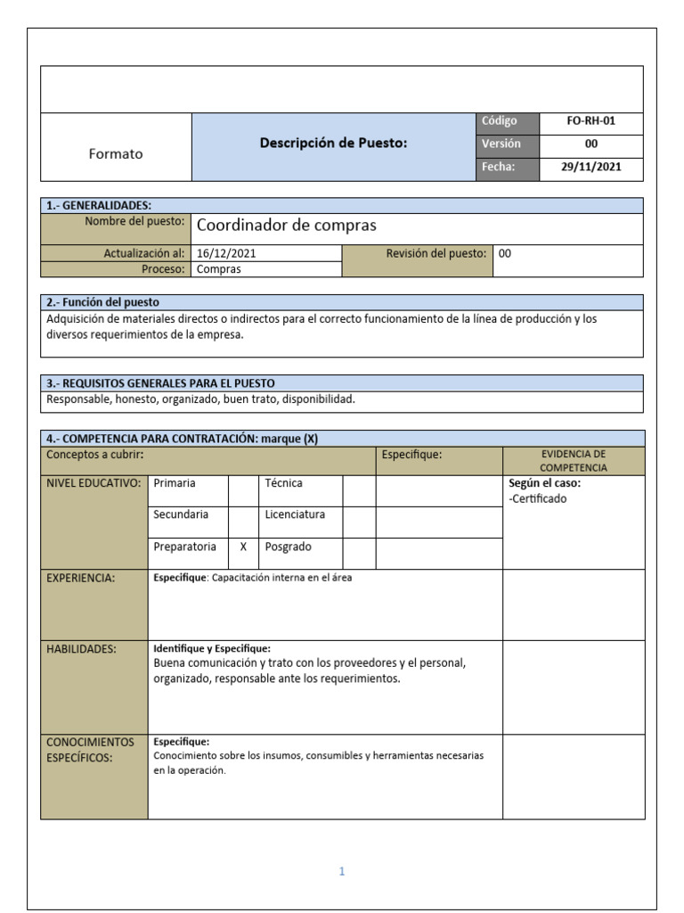 Descripción del Puesto: Coordinador de Compras | PDF