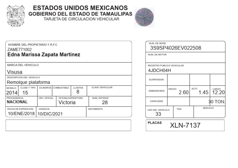 Tarjeta Circulacion Tamaulipas | PDF