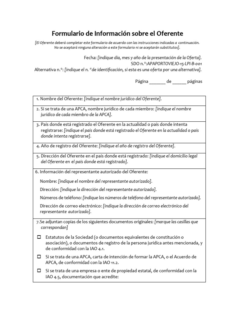 Formulario de Información sobre el Oferente | PDF