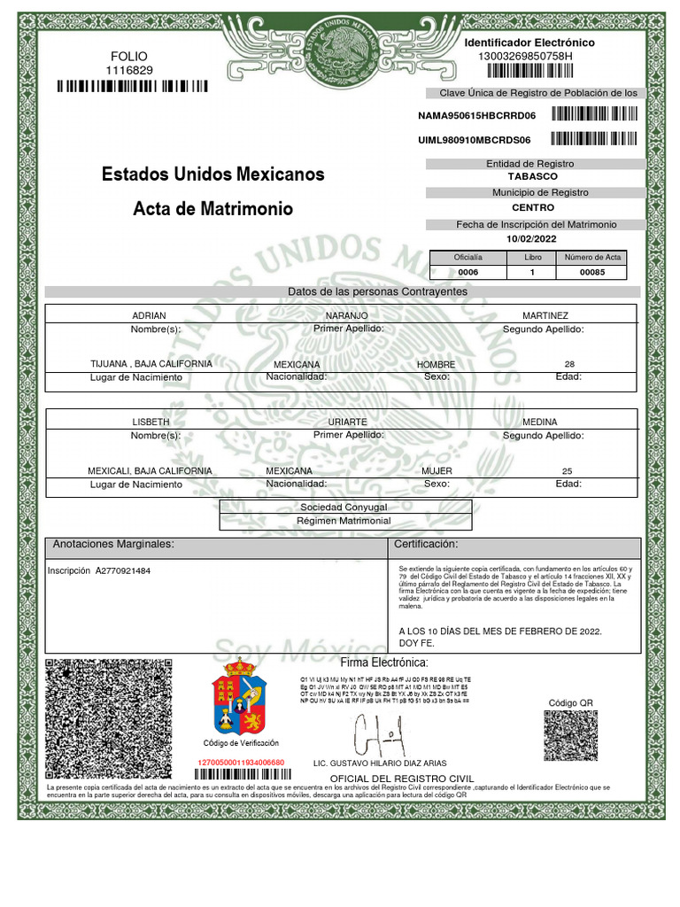 Acta de Matrimonio Electrónica en Tabasco | PDF | Matrimonio | Arreglos