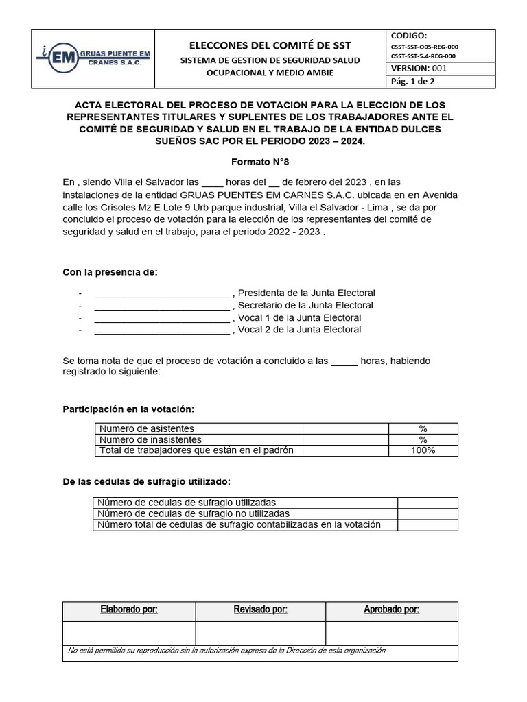 Formato N8 Acta Electoral Del Proceso de Votacion para La Eleccion | PDF