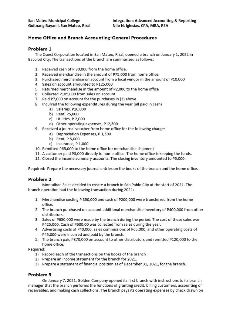 Branch Accounting Journal Entries | PDF | Debits And Credits ...
