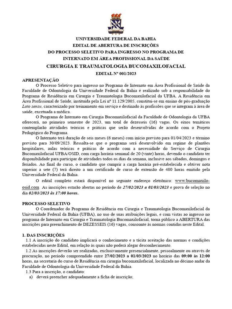 Edital Internato 2023.1 UFBA | PDF