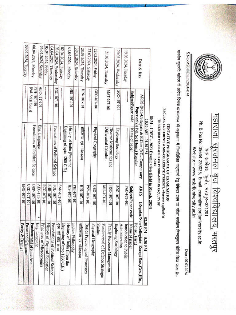 Ba sem i time table 2024 pdf