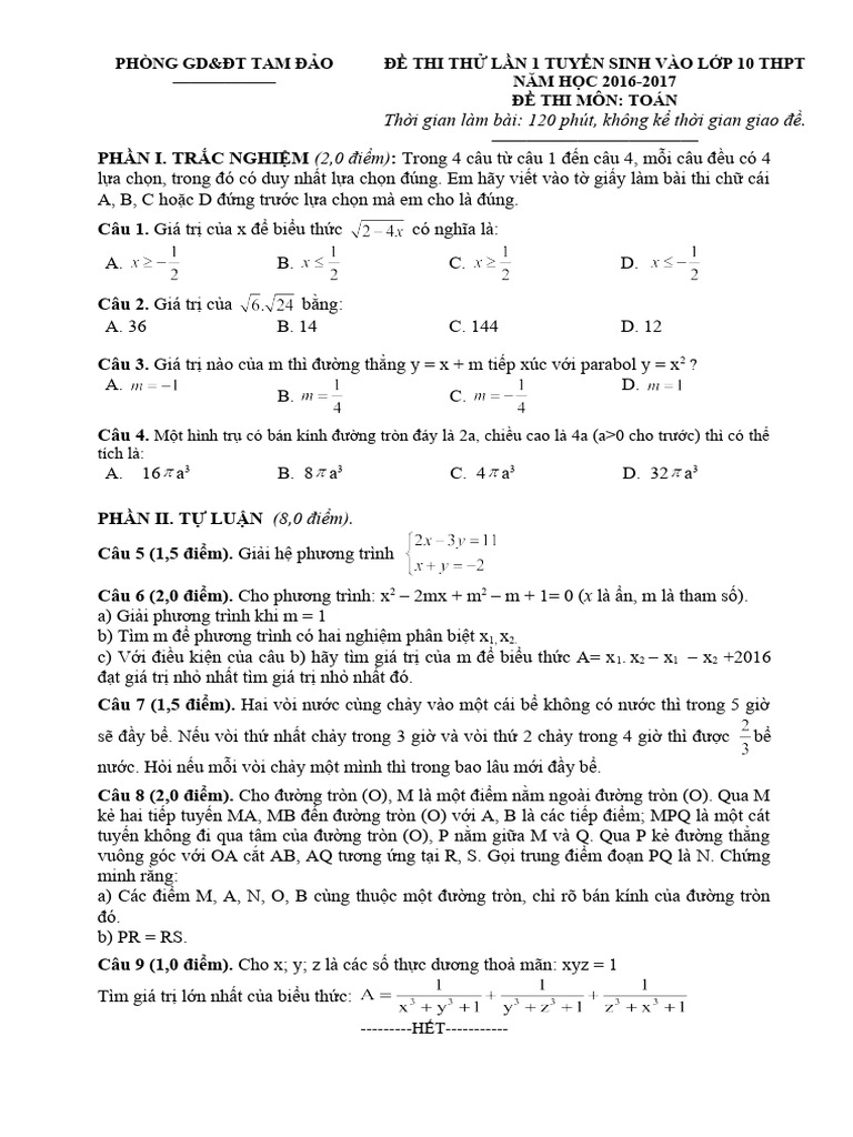 De Thi Thu Vao Lop 10 Mon Toan Phong GD DT Tam Dao | PDF