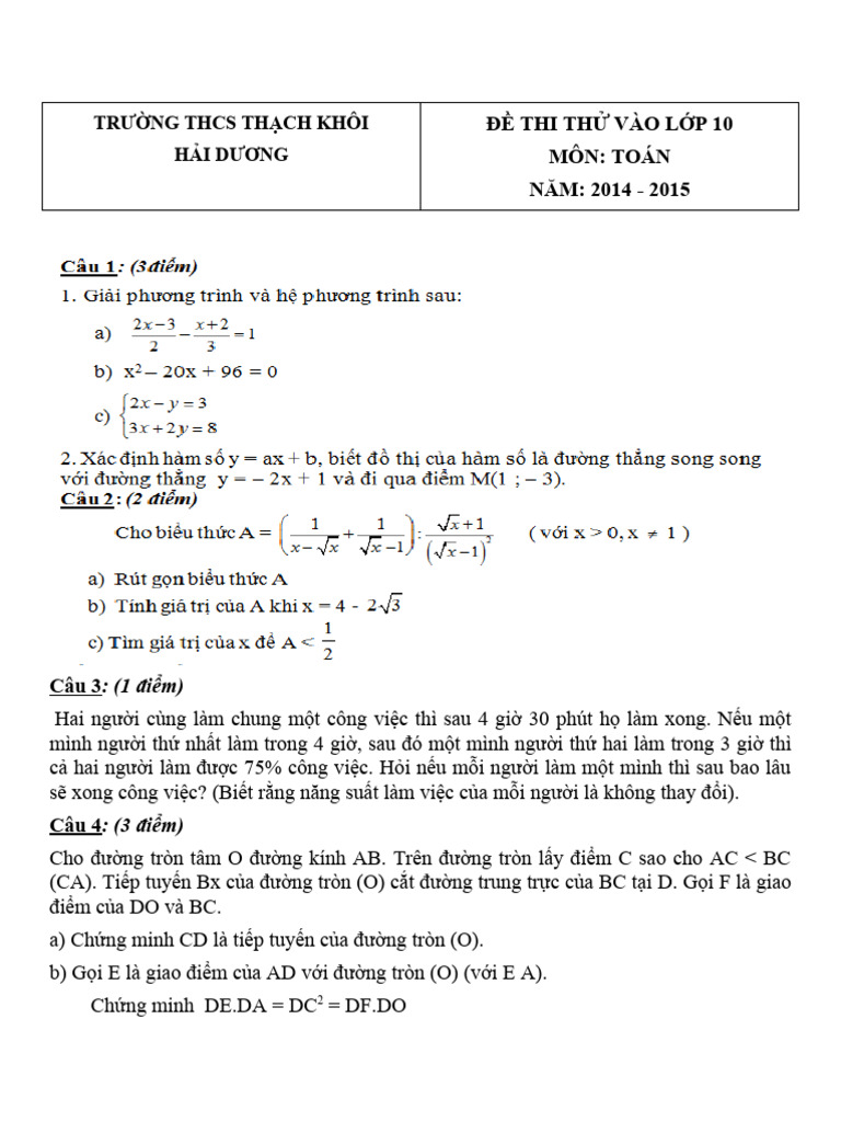 De Thi Thu Vao Lop 10 Mon Toan Truong Thcs Thach Khoi | PDF