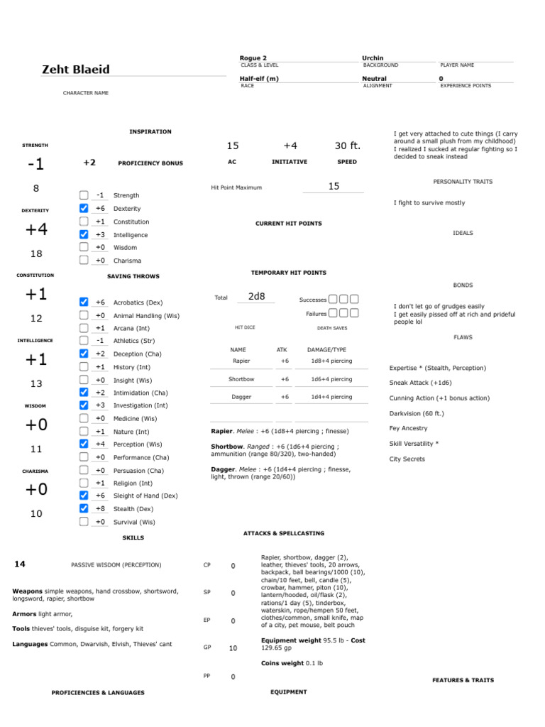 Character Sheet Dungeons Dragons DD 5 PDF D20 System Role