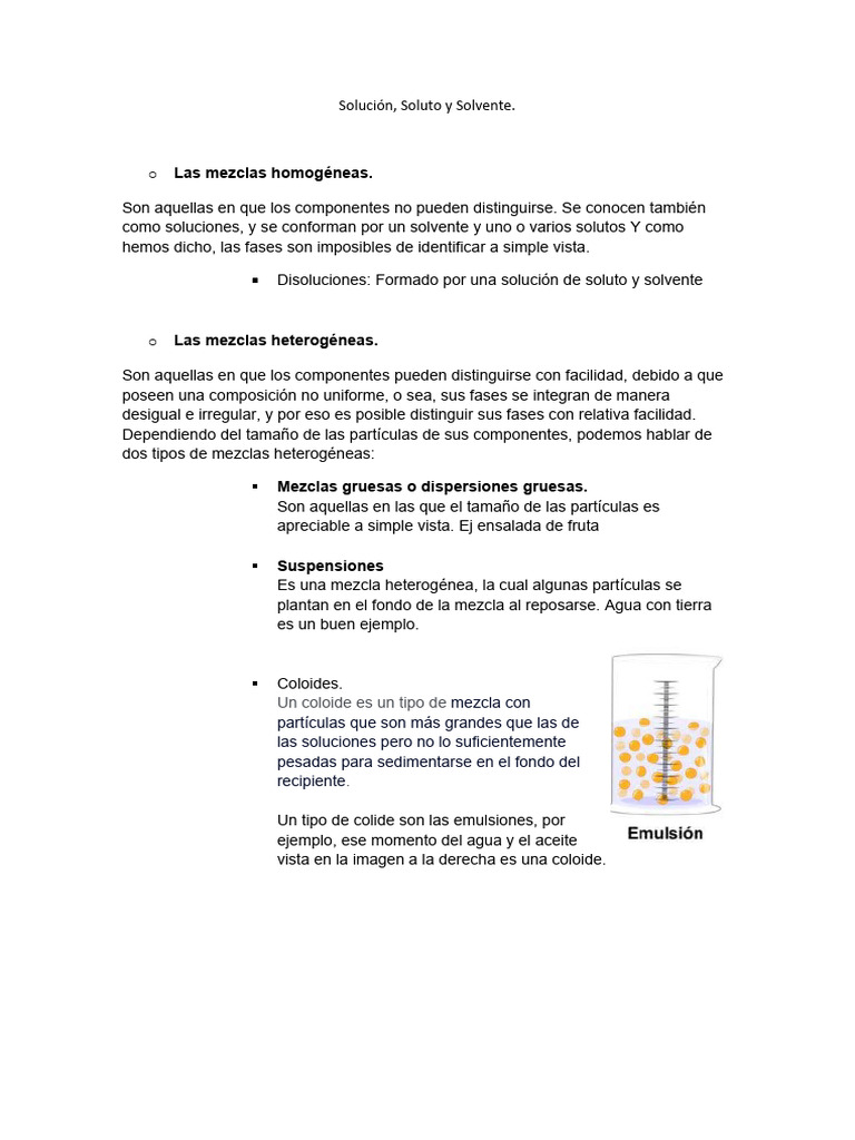 Solucion, Solvente y Soluto | PDF | Mezcla | Enlace covalente