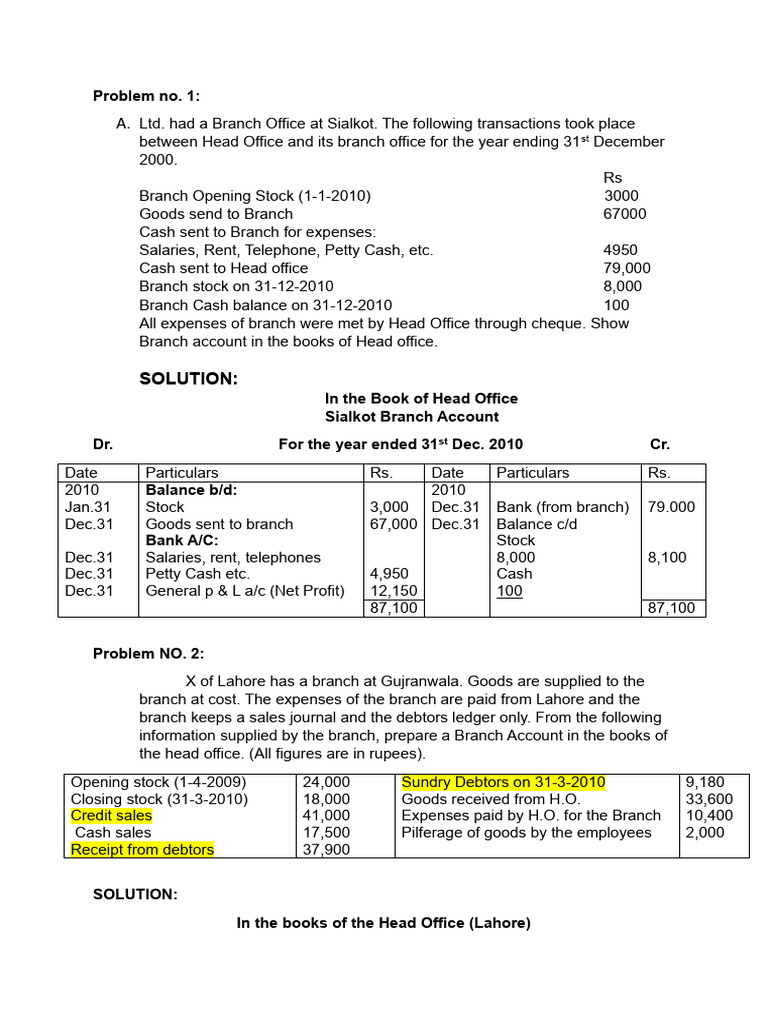 Branch Accounting Problems and Solutions | PDF | Debits And Credits ...