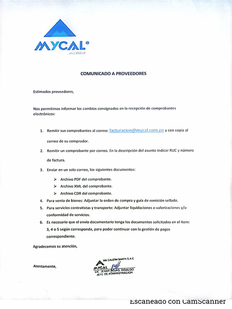 Comunicado A Proveedores - CALERA SANTA | PDF