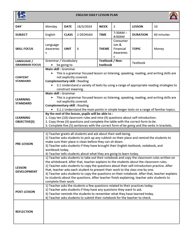 English lesson plan form 1 form 2 and form 4 pdf