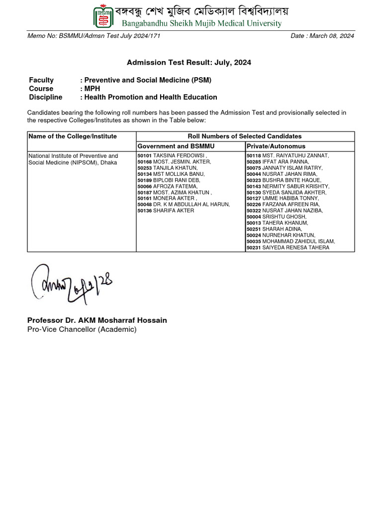 BSMMU Health Promotion and Health Education July 2024 | PDF