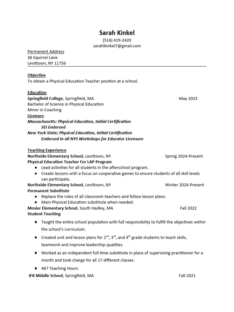 Sarah Kinkel Resume 2024 1 PDF Physical Education Teachers