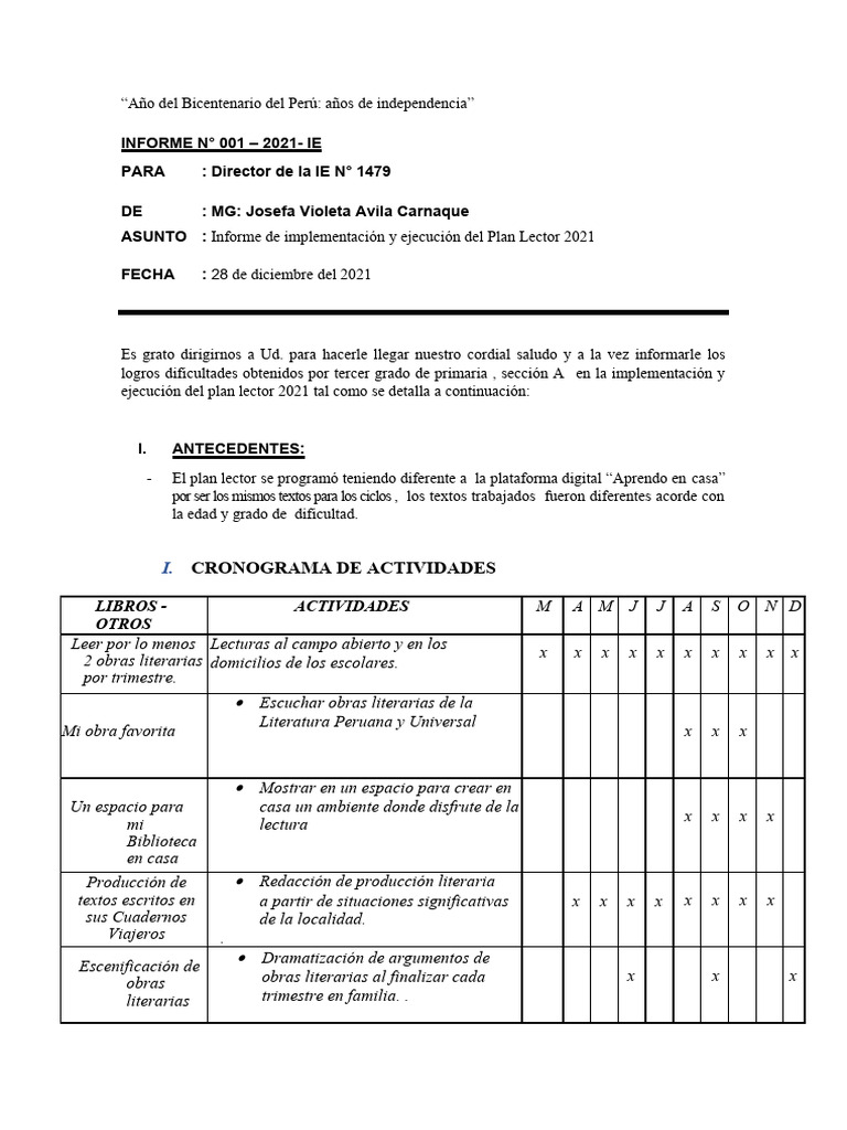 Informe De Plan Lector Plan Lector Pdf Comprensión Lectora Perú