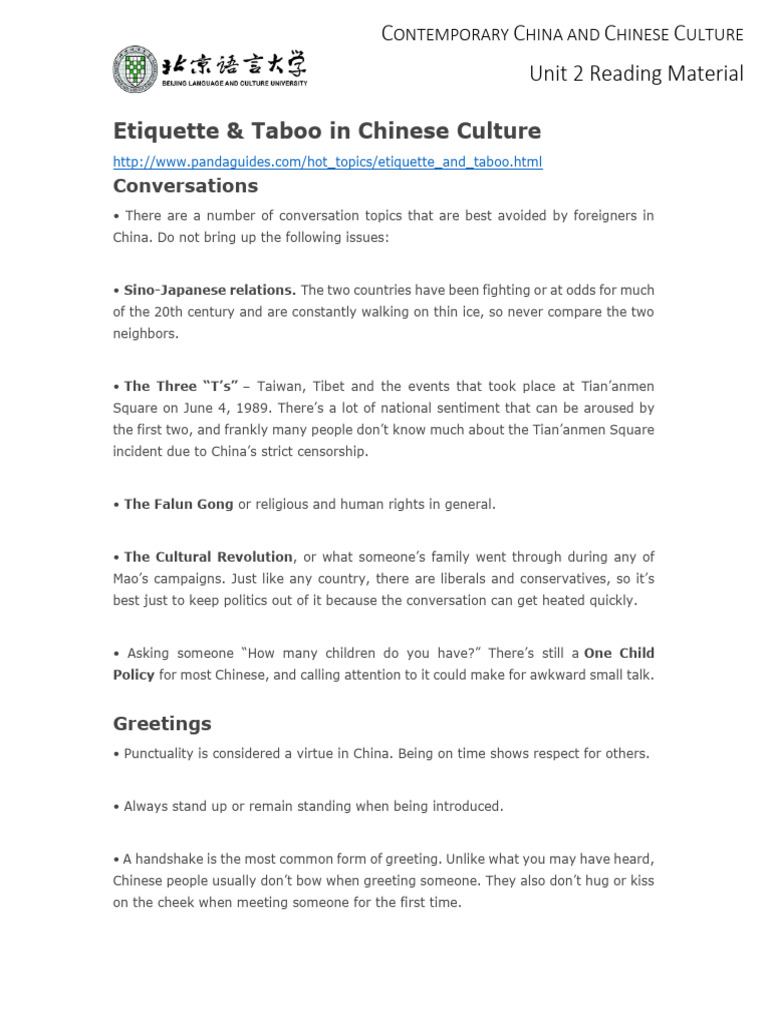 Etiquette & Taboo in Chinese Culture | PDF