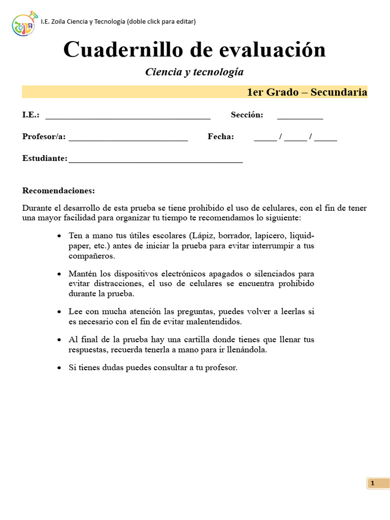 Cuadernillo de Evaluación 1er Grado - Ciencia y Tecnología (Con ...