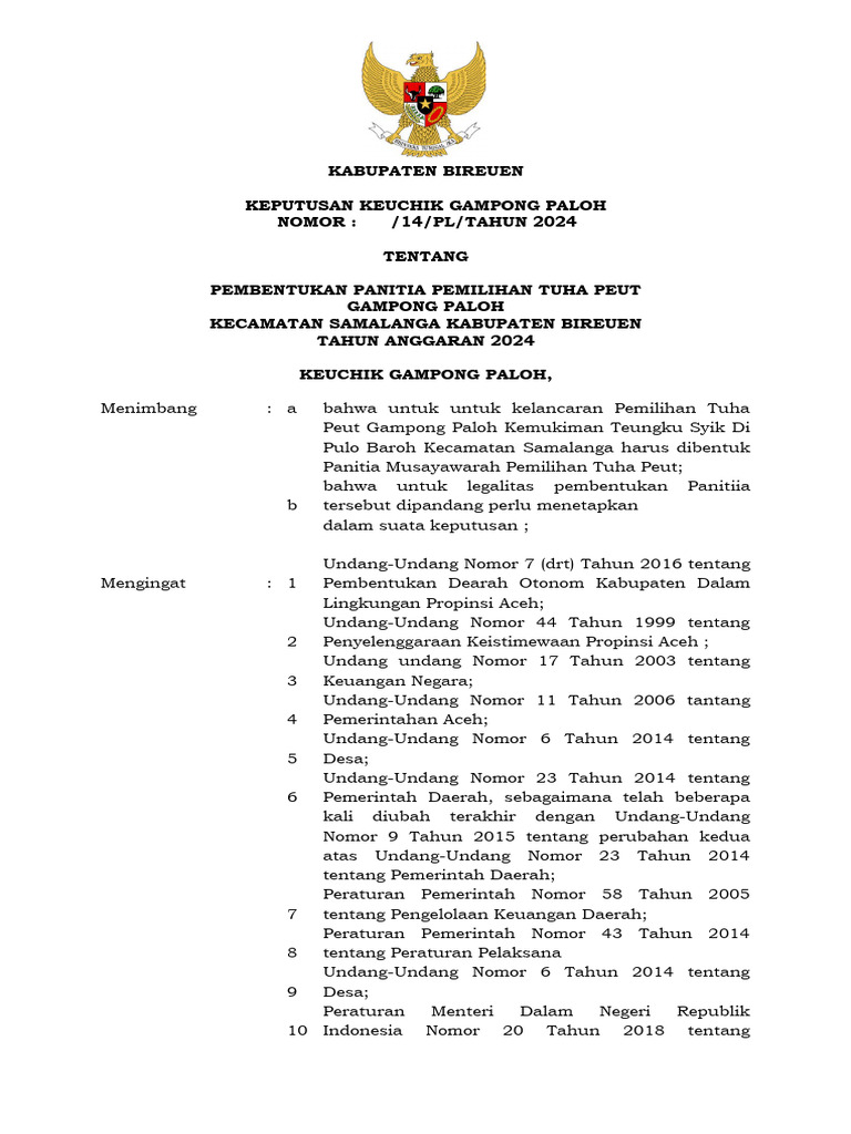 Pembentukan Panitia Tuha Peut Gampong | PDF