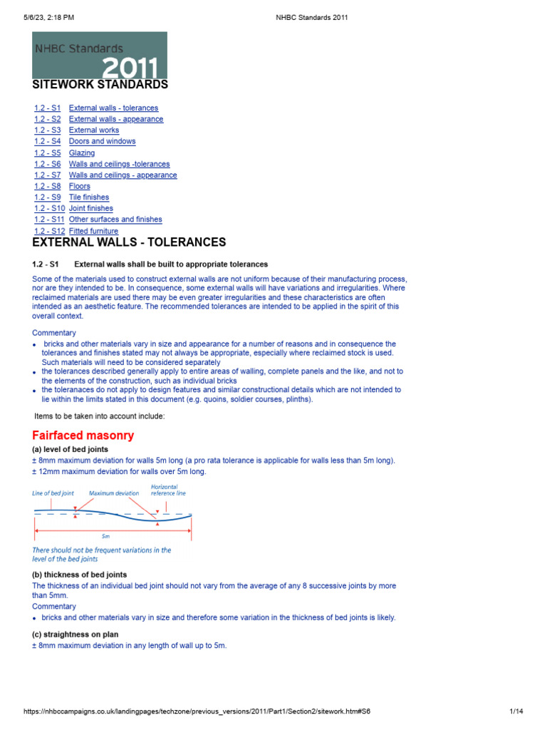 NHBC Tolerances for External Walls | PDF | Masonry | Brick