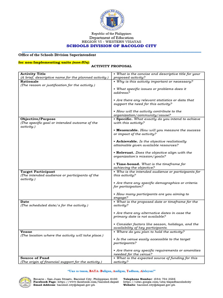 Bacolod City Activity Proposal Template | PDF | Goal